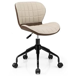 giantex home office desk chair, 360° swivel height adjustable office chair w/pu leather, modern office chair, ergonomic curved wood desk chairs, leather armless task chair for office, beige & brown