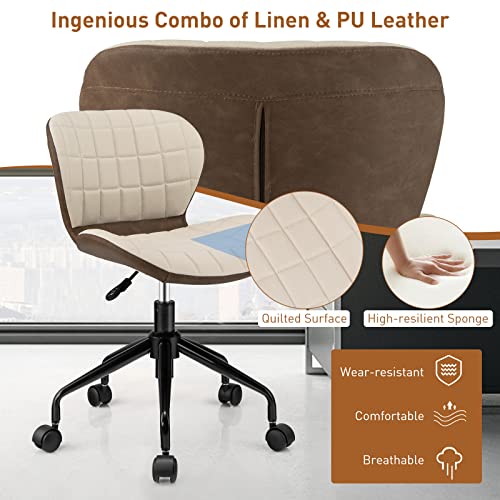 Giantex Home Office Desk Chair, 360° Swivel Height Adjustable Office Chair w/PU Leather, Modern Office Chair, Ergonomic Curved Wood Desk Chairs, Leather Armless Task Chair for Office, Beige & Brown