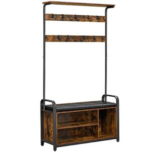 vasagle hall tree with storage bench, entryway storage with 9 hooks, coat rack with soft bench, shoe rack, steel frame, rustic brown and black uhsr099b01