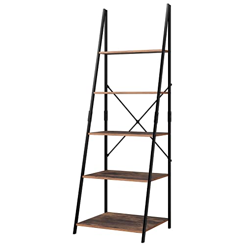 SOMY 5-Tier Bookshelf, Wood Bookcase with Metal Frame, Open Ladder Shelf, Flower Standing Shelf Units Storage Rack for Home Office Living Room Bathroom Vintage, Rustic Brown