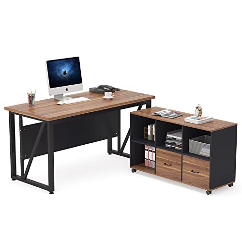 Tribesigns 55 inches Executive Desk and 43" lateral File Cabinet, L-Shaped Computer Desk Home Office Furniture with Drawers and Storage Shelves, Office Table with Cabinet,Rustic