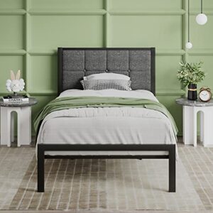 sha cerlin twin size bed frame with upholstered headboard, platform bed frame with metal slats, button tufted square stitched headboard, noise free, no box spring needed, easy assembly, dark grey