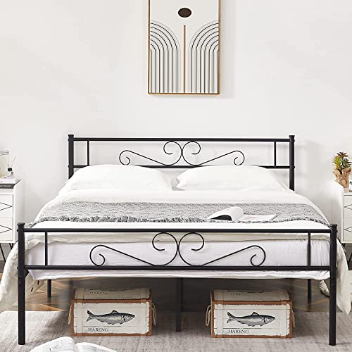 VECELO Metal Platform Bed Frame Mattress Foundation with Vintage Headboard & Footboard, No Box Spring Needed, Easy Assembly, Queen, Black