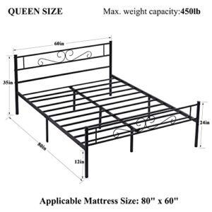 VECELO Metal Platform Bed Frame Mattress Foundation with Vintage Headboard & Footboard, No Box Spring Needed, Easy Assembly, Queen, Black