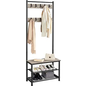 yaheetech 3-in-1 hall tree coat rack with shoe storage bench, entryway coat rack shoe bench with 9 movable hooks, industrial accent furniture with metal frame, easy assembly, gray