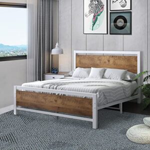 catrimown queen bed frame with headboard white queen bed frame with heavy duty steel slat supports metal platform bed frame queen size under bed storage space, queen bed frames no box spring needed