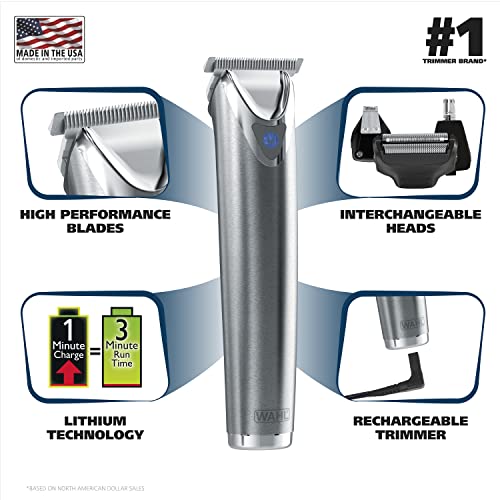 Wahl Stainless Steel Lithium Ion 2.0+ Beard Trimmer for Men - Electric Shaver & Nose Ear Trimmer - Rechargeable All in One Men's Grooming Kit - Model 9864SS