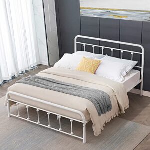 vecelo metal bed frame queen size platform with vintage style headboard & footboard, premium steel slat support mattress foundation
