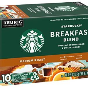 Starbucks Coffee K-Cup Pods, Breakfast Blend Medium Roast, Ground Coffee K-Cup Pods for Keurig Brewing System, 10 CT K-Cup Pods Per Box (Pack of 2 Boxes)