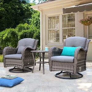 haplife 3 pieces patio wicker swivel rocker chairs with side table rattan outdoor furniture rocking chair set (grey)