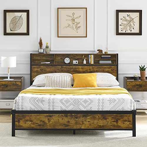 Alohappy Full Size Bed Frame with Bookcase Headboard, Metal Platform Bed Frame Full with Headboard Double Support Legs 13 Metal Slats Support,Easy Assembly Noise Free No Box Spring Needed