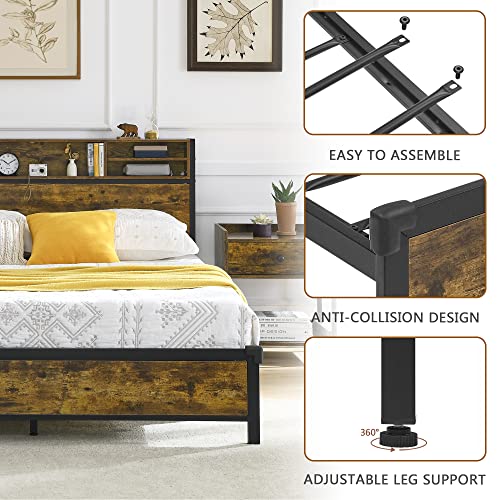 Alohappy Full Size Bed Frame with Bookcase Headboard, Metal Platform Bed Frame Full with Headboard Double Support Legs 13 Metal Slats Support,Easy Assembly Noise Free No Box Spring Needed