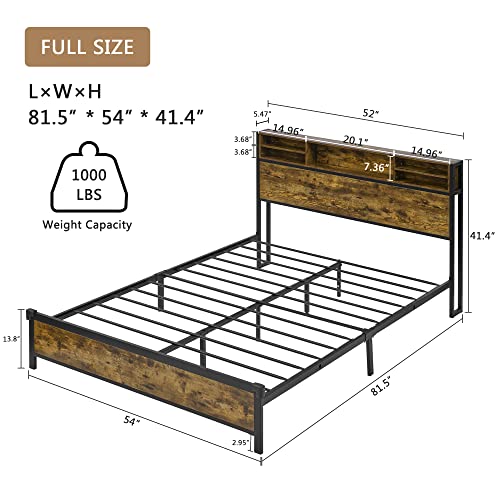 Alohappy Full Size Bed Frame with Bookcase Headboard, Metal Platform Bed Frame Full with Headboard Double Support Legs 13 Metal Slats Support,Easy Assembly Noise Free No Box Spring Needed