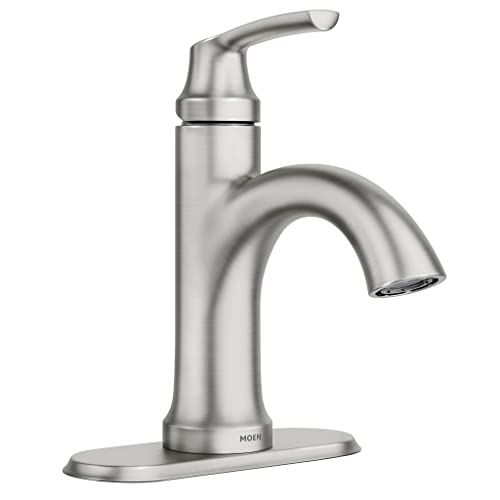 Moen Wellton Single-Handle Spot Resist Brushed Nickel Bathroom Faucet, One Hole Bathroom Sink Faucet with Optional Deck Plate and Drain Assembly, 84980SRN