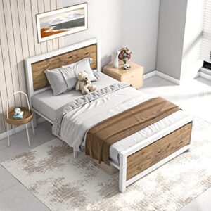 bed frame twin size with headboard, platform bed frame twin with white heavy duty steel slats support, metal twin bed frames no box spring needed, underbed storage space, noise-free, rustic brown