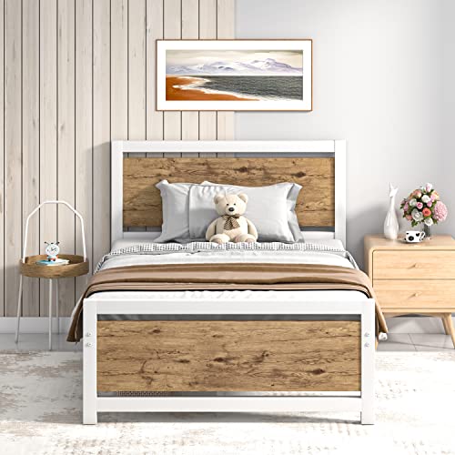 Bed Frame Twin Size with Headboard, Platform Bed Frame Twin with White Heavy Duty Steel Slats Support, Metal Twin Bed Frames No Box Spring Needed, Underbed Storage Space, Noise-Free, Rustic Brown