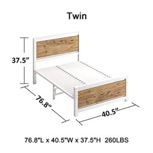 Bed Frame Twin Size with Headboard, Platform Bed Frame Twin with White Heavy Duty Steel Slats Support, Metal Twin Bed Frames No Box Spring Needed, Underbed Storage Space, Noise-Free, Rustic Brown