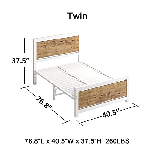 Bed Frame Twin Size with Headboard, Platform Bed Frame Twin with White Heavy Duty Steel Slats Support, Metal Twin Bed Frames No Box Spring Needed, Underbed Storage Space, Noise-Free, Rustic Brown