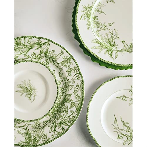 KOWMcp Dinner Plates Dining Plate with Green Flower Pattern Dining Plate for Household Dishes