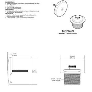 Moen T90331BN Push-N-Lock Tub and Shower Drain Kit with 1.5 Inch Threads, Brushed Nickel