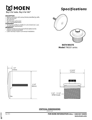 Moen T90331BN Push-N-Lock Tub and Shower Drain Kit with 1.5 Inch Threads, Brushed Nickel