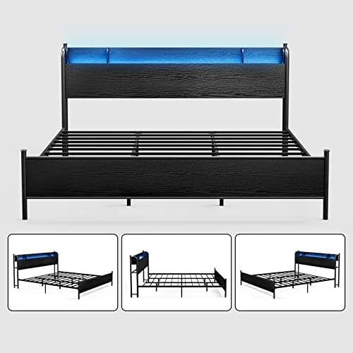 IKIFLY California King Bed Frame with Storage Shelf Headboard & Charging Station - Industrial Metal and Wood Cal King Platform Bed with LED Lights, No Noise, No Box Spring Needed - Black