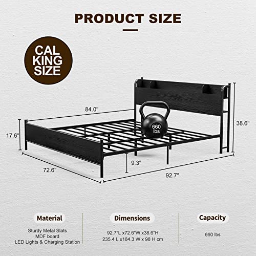 IKIFLY California King Bed Frame with Storage Shelf Headboard & Charging Station - Industrial Metal and Wood Cal King Platform Bed with LED Lights, No Noise, No Box Spring Needed - Black