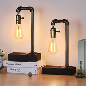 haitral retro vintage table lamp- industrial loft style steam punk lamp with wood base iron piping desk lamp for bedside, living room, kitchen, café, pub, dorm, set of 2