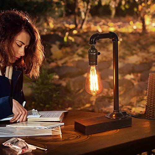 HAITRAL Retro Vintage Table Lamp- Industrial Loft Style Steam Punk Lamp with Wood Base Iron Piping Desk Lamp for Bedside, Living Room, Kitchen, Café, Pub, Dorm, Set of 2