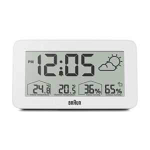 braun digital weather station clock with indoor and outdoor temperature and humidity, forecast, lcd display, quick-set, crescendo beep alarm in white, model bc13wp.