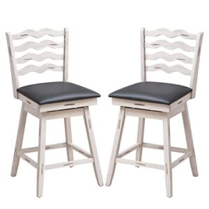 costway bar stools set of 2, 25” 360° swivel counter height chairs with rubber wood frame, cushioned seat, ergonomic backrest & footrest, wooden upholstered barstools for kitchen island (2, 25”)