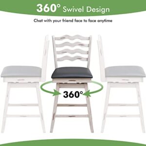 COSTWAY Bar Stools Set of 2, 25” 360° Swivel Counter Height Chairs with Rubber Wood Frame, Cushioned Seat, Ergonomic Backrest & Footrest, Wooden Upholstered Barstools for Kitchen Island (2, 25”)