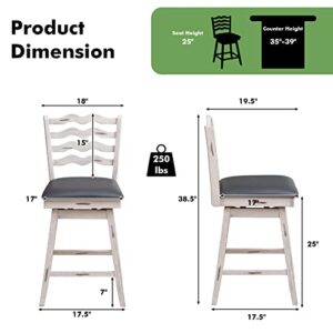 COSTWAY Bar Stools Set of 2, 25” 360° Swivel Counter Height Chairs with Rubber Wood Frame, Cushioned Seat, Ergonomic Backrest & Footrest, Wooden Upholstered Barstools for Kitchen Island (2, 25”)