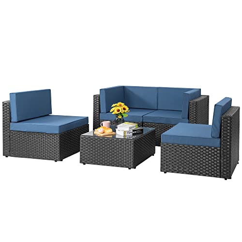 Shintenchi 5 Pieces Outdoor Patio Sectional Sofa Couch, Black PE Wicker Furniture Sets, Patio Conversation Sets with Washable Cushions Glass Table for Garden, Poolside, Backyard,Aegean Blue