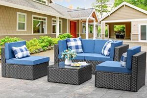 shintenchi 5 pieces outdoor patio sectional sofa couch, black pe wicker furniture sets, patio conversation sets with washable cushions glass table for garden, poolside, backyard,aegean blue