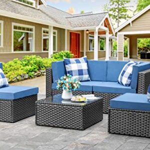 Shintenchi 5 Pieces Outdoor Patio Sectional Sofa Couch, Black PE Wicker Furniture Sets, Patio Conversation Sets with Washable Cushions Glass Table for Garden, Poolside, Backyard,Aegean Blue