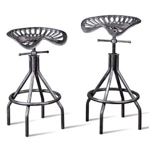 lisuden industrial tractor seat barstools farmhouse cast iron adjustable counter height stools swivel kitchen saddle bar stools set of 2 metal black brush silver dining chair 24″-30″