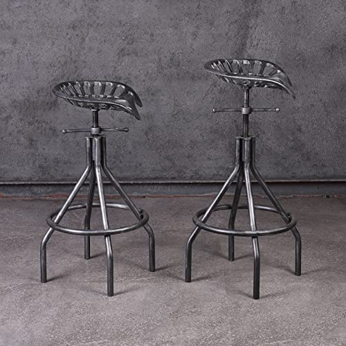 Lisuden Industrial Tractor Seat Barstools Farmhouse Cast Iron Adjustable Counter Height Stools Swivel Kitchen Saddle Bar Stools Set of 2 Metal Black Brush Silver Dining Chair 24"-30"