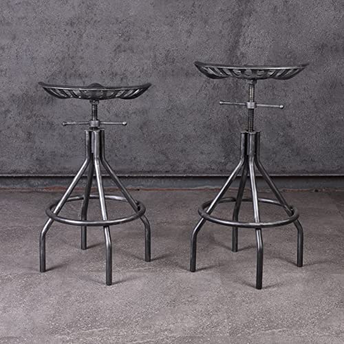 Lisuden Industrial Tractor Seat Barstools Farmhouse Cast Iron Adjustable Counter Height Stools Swivel Kitchen Saddle Bar Stools Set of 2 Metal Black Brush Silver Dining Chair 24"-30"