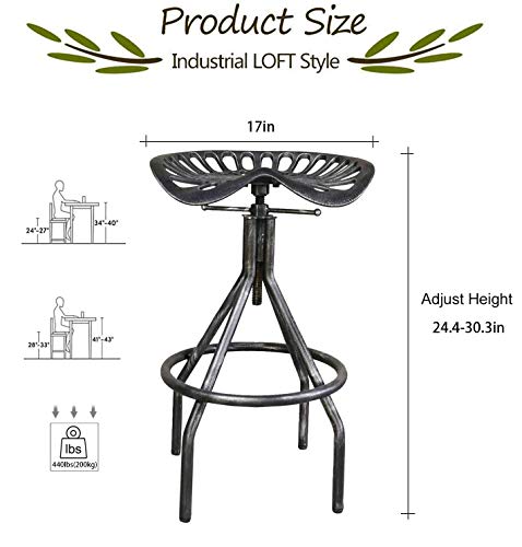 Lisuden Industrial Tractor Seat Barstools Farmhouse Cast Iron Adjustable Counter Height Stools Swivel Kitchen Saddle Bar Stools Set of 2 Metal Black Brush Silver Dining Chair 24"-30"