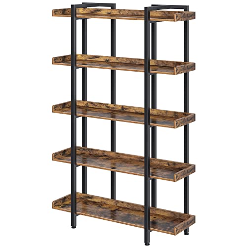 Rolanstar Bookshelf 5-Tier, 71.8’’H Industrial Book Shelf, Large Bookcases and Bookshelves with Open Shelves, Open Display Shelves with Metal Frame for Living Room Bedroom Home Office, Rustic Brown