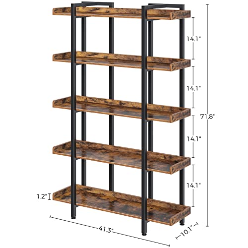 Rolanstar Bookshelf 5-Tier, 71.8’’H Industrial Book Shelf, Large Bookcases and Bookshelves with Open Shelves, Open Display Shelves with Metal Frame for Living Room Bedroom Home Office, Rustic Brown