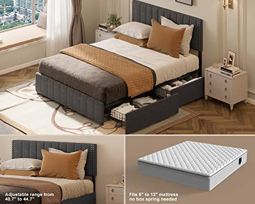 Gizoon Queen Bed Frame with 4 Storage Drawers, Upholstered Platform Bed with Headboard Adjustable, Fits 6” to 12” Mattress, No Box Spring Needed (Dark Grey)