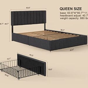 Gizoon Queen Bed Frame with 4 Storage Drawers, Upholstered Platform Bed with Headboard Adjustable, Fits 6” to 12” Mattress, No Box Spring Needed (Dark Grey)