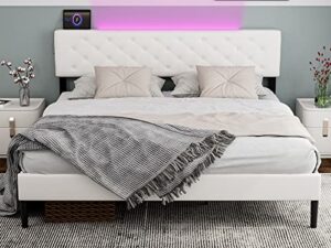 ikifly california king bed frames with adjustable headboard, modern upholstered cal king platform bed with led lights & 2 usb ports, strong wood slat support, no box spring needed – white