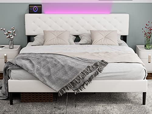 IKIFLY California King Bed Frames with Adjustable Headboard, Modern Upholstered Cal King Platform Bed with LED Lights & 2 USB Ports, Strong Wood Slat Support, No Box Spring Needed - White