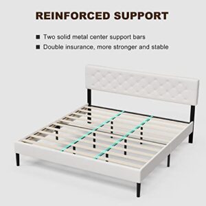 IKIFLY California King Bed Frames with Adjustable Headboard, Modern Upholstered Cal King Platform Bed with LED Lights & 2 USB Ports, Strong Wood Slat Support, No Box Spring Needed - White