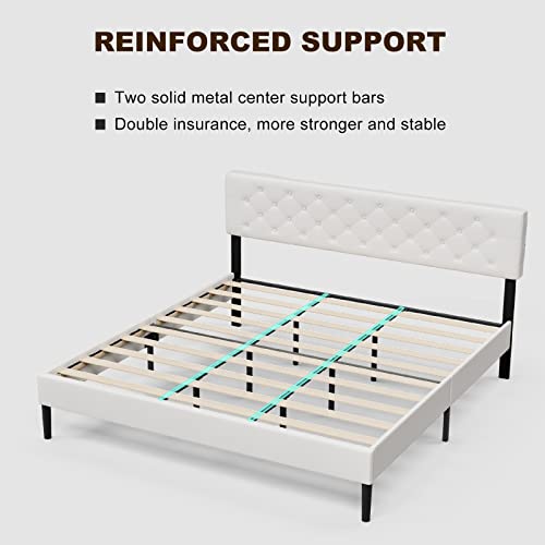 IKIFLY California King Bed Frames with Adjustable Headboard, Modern Upholstered Cal King Platform Bed with LED Lights & 2 USB Ports, Strong Wood Slat Support, No Box Spring Needed - White