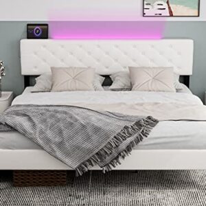 IKIFLY California King Bed Frames with Adjustable Headboard, Modern Upholstered Cal King Platform Bed with LED Lights & 2 USB Ports, Strong Wood Slat Support, No Box Spring Needed - White