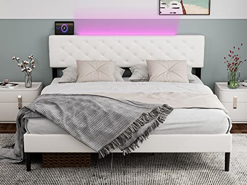 IKIFLY California King Bed Frames with Adjustable Headboard, Modern Upholstered Cal King Platform Bed with LED Lights & 2 USB Ports, Strong Wood Slat Support, No Box Spring Needed - White